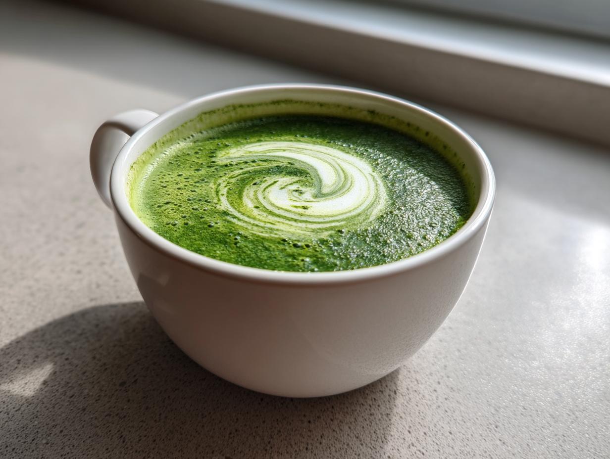 Close-up of a white mug filled with bright green spinach soup featuring a white foam swirl on top.