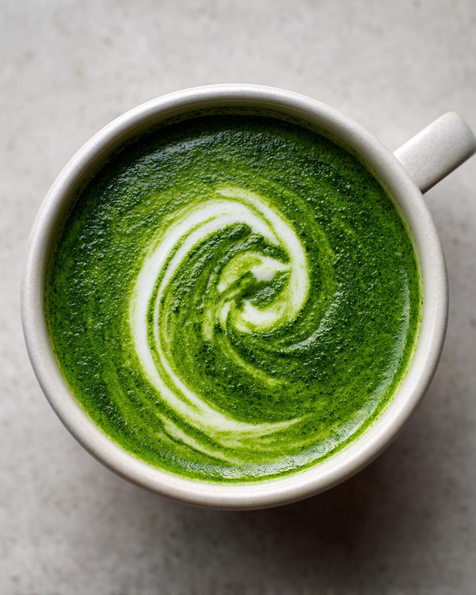 Overhead view of a creamy, vibrant green spinach soup in a mug with a white foam swirl.