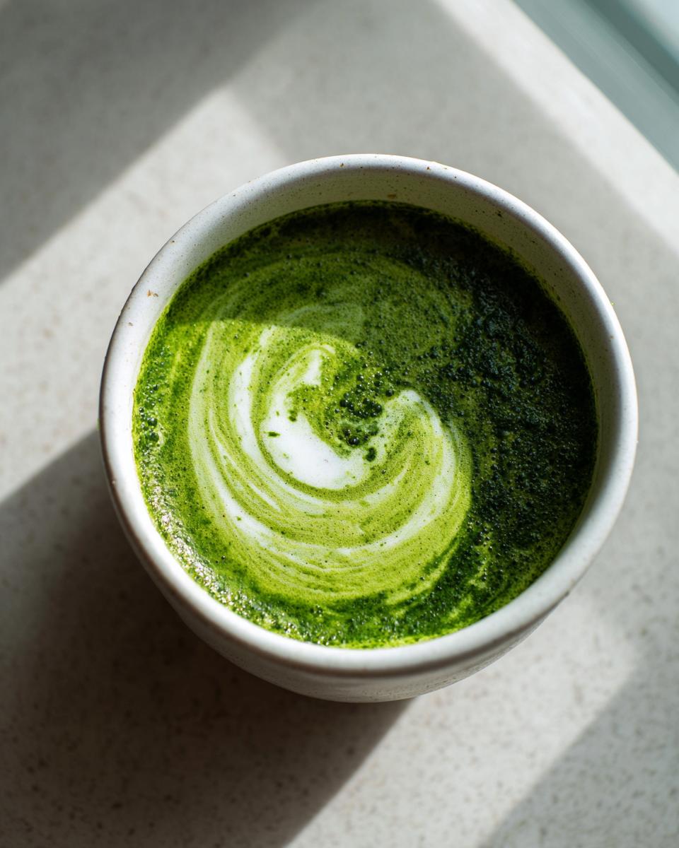 Overhead view of a vibrant green spinach soup with a white cream swirl in a ceramic bowl.