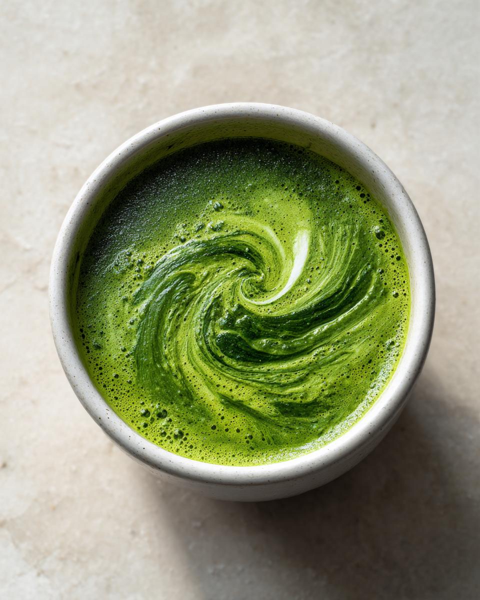 Overhead view of a bowl of vibrant green spinach soup with a foamy, swirling pattern on top.