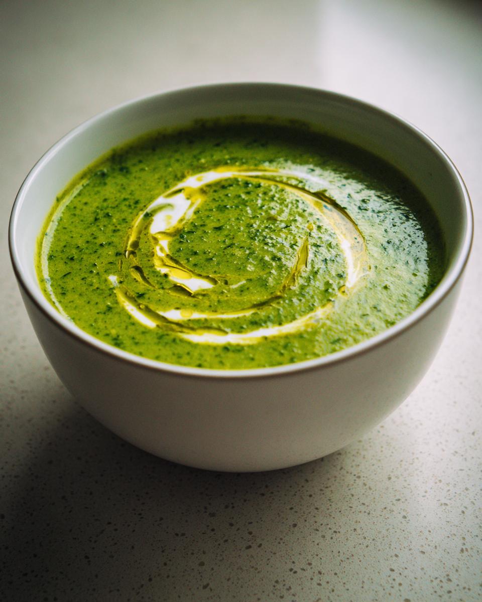 Close-up of a bowl of vibrant green zucchini soup, garnished with a swirl of cream and olive oil.