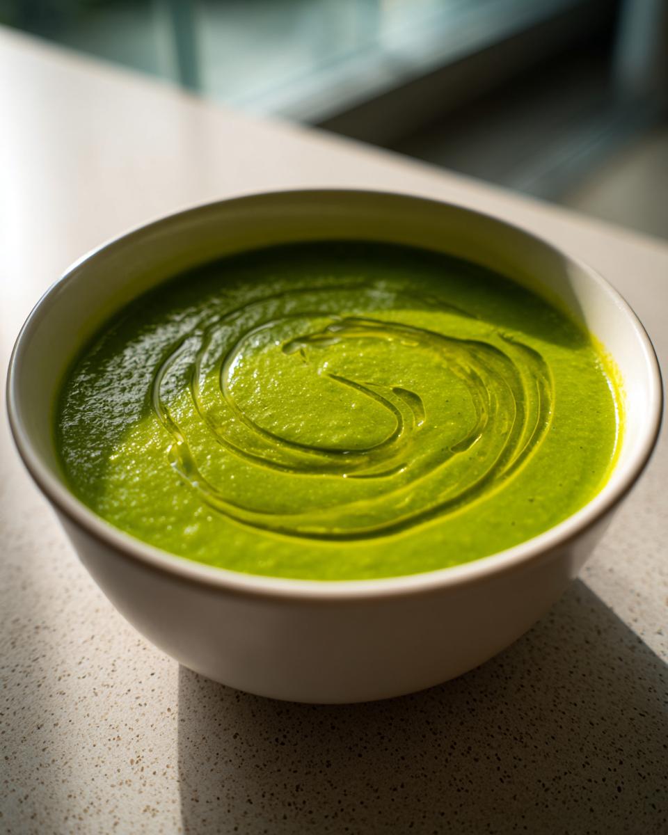 Close-up of a bowl of bright green zucchini soup, swirled with olive oil, sitting on a light countertop.