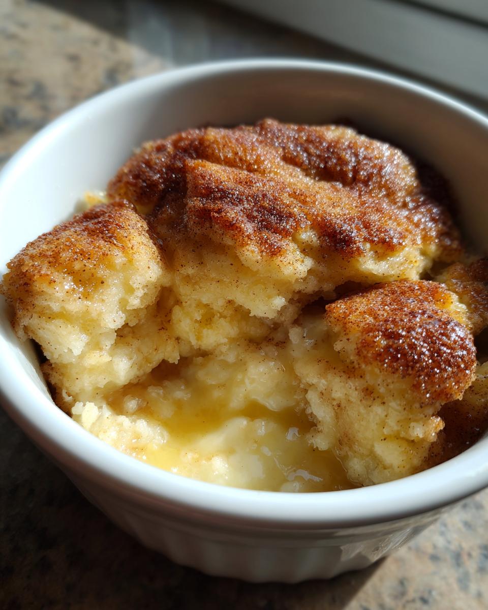 A close-up view of a warm snickerdoodle cobbler served in a white ramekin, showing the gooey center and cinnamon-sugar topping.