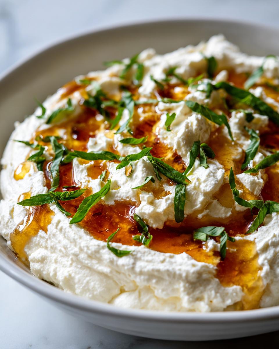 A close-up of creamy whipped ricotta dip drizzled with amber honey and topped with fresh mint leaves.