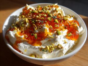Close-up of creamy whipped ricotta dip drizzled with orange hot honey and sprinkled with chopped pistachios.