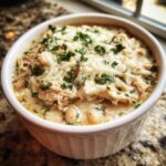 Close-up of a hearty bowl of white chicken chili topped with melted white cheese and fresh parsley.