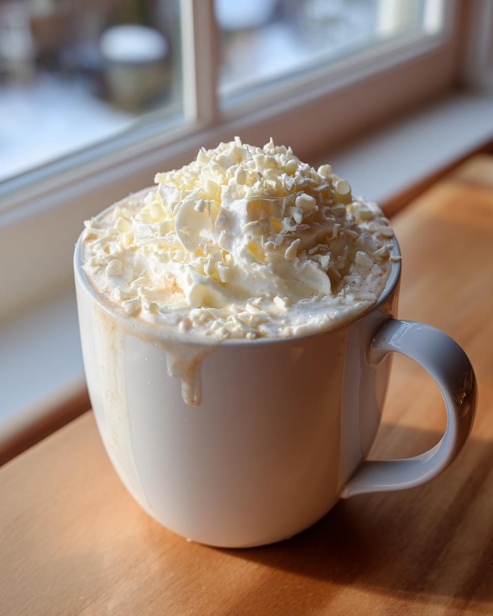A mug of rich white hot chocolate topped with whipped cream and white chocolate shavings.
