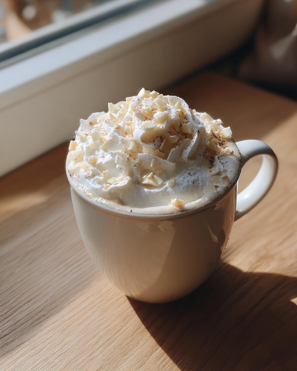 A creamy white hot chocolate topped with whipped cream and white chocolate shavings, sitting in sunlight.