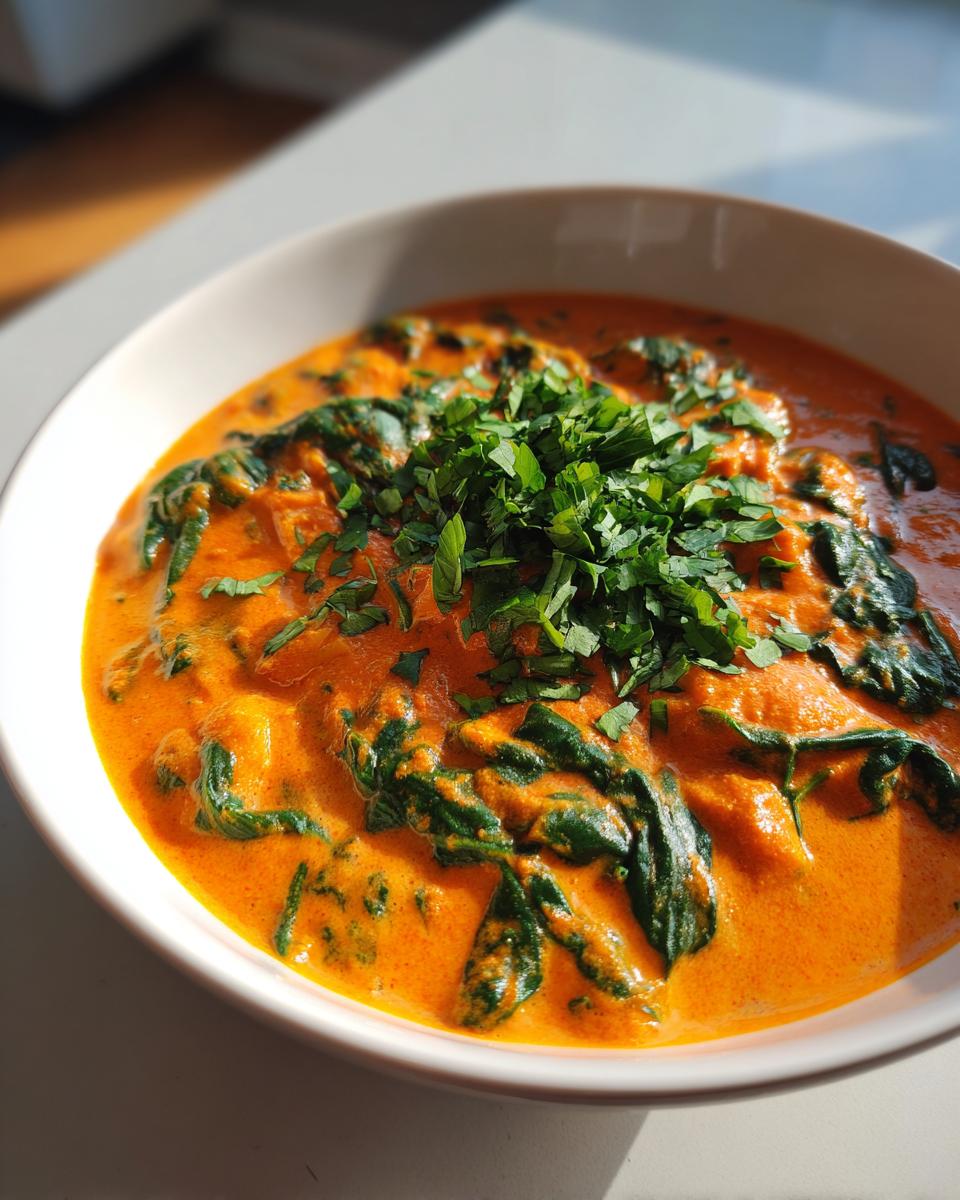 Close-up of a bowl of vibrant orange pumpkin curry mixed with dark green spinach, topped with fresh herbs.