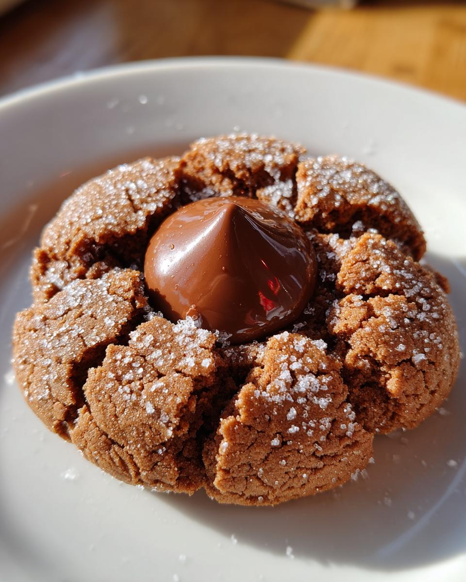 A single, cracked chocolate peanut butter blossoms cookie rolled in sugar with a dollop of melted chocolate in the center.