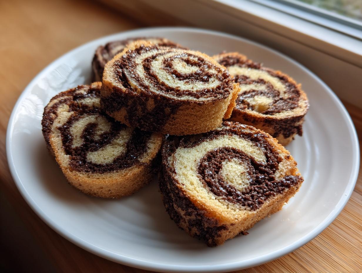Close-up of several slices of two-tone pinwheel cookies showing the beautiful chocolate and vanilla swirl pattern.