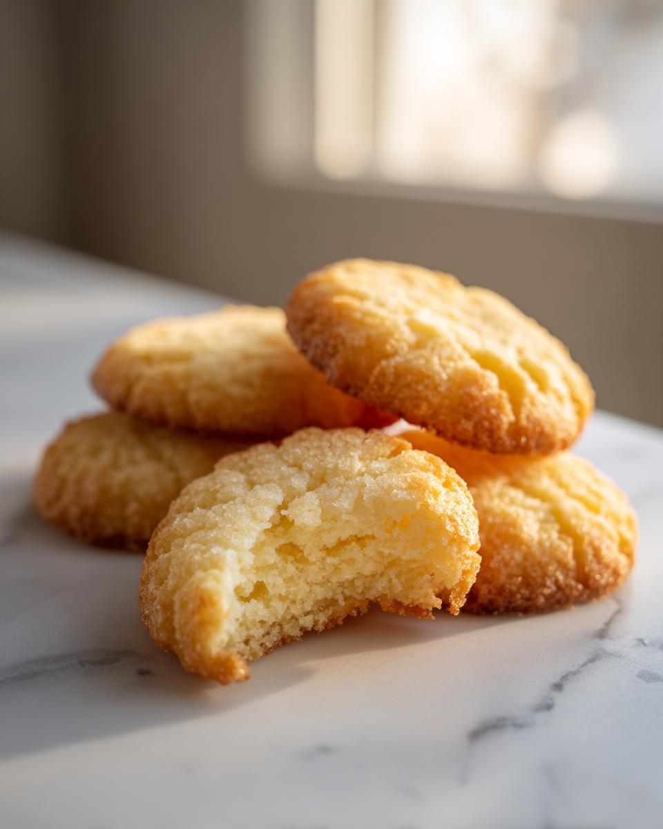 A stack of golden 3-ingredient butter cookies on a marble surface, one cookie has a bite taken out showing the crumb.