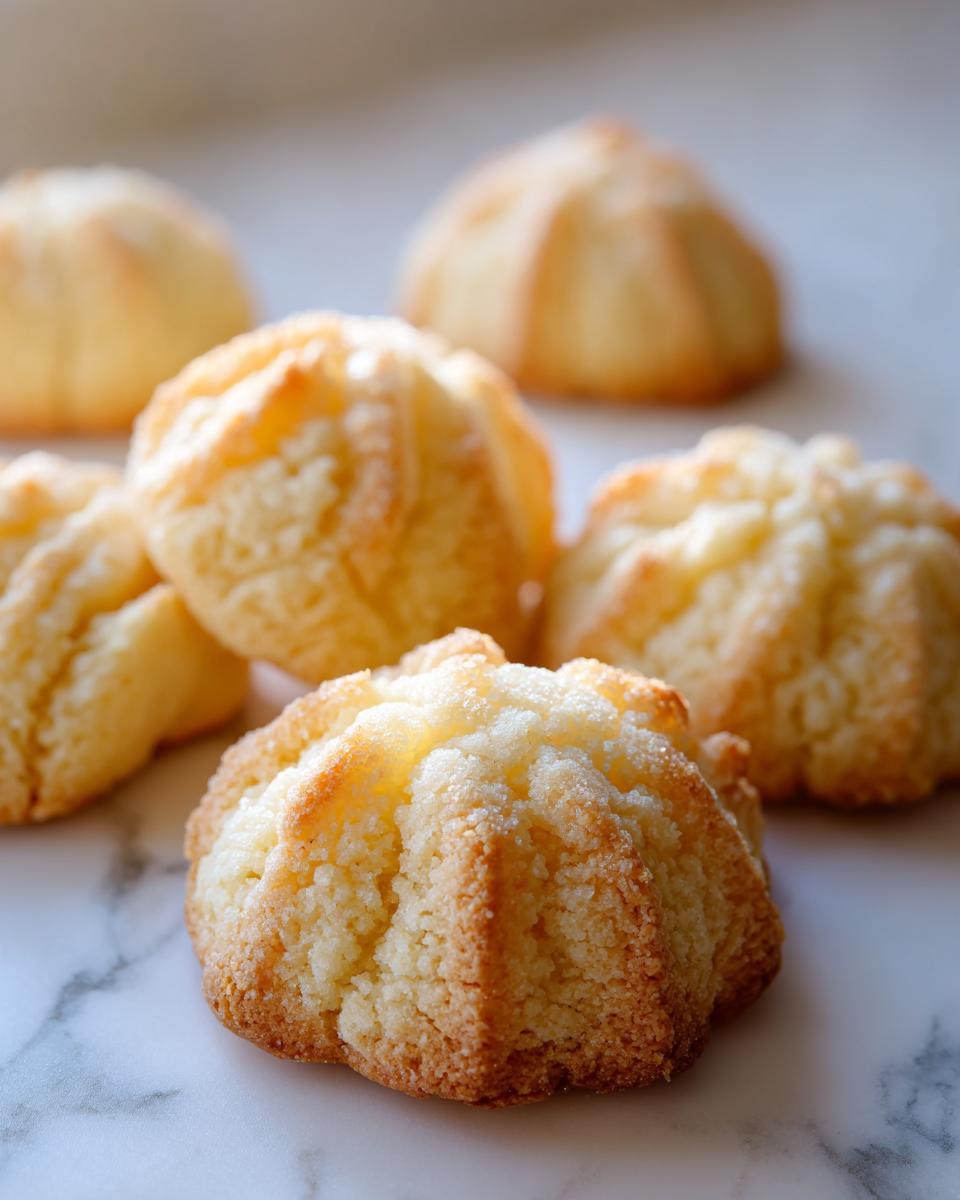 Close-up of several golden brown 3-ingredient butter cookies with a textured, slightly granulated top, resting on a white marble surface.