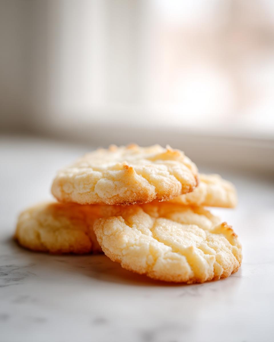 A close-up stack of soft, crinkled 3-ingredient butter cookies resting on a light marble surface.
