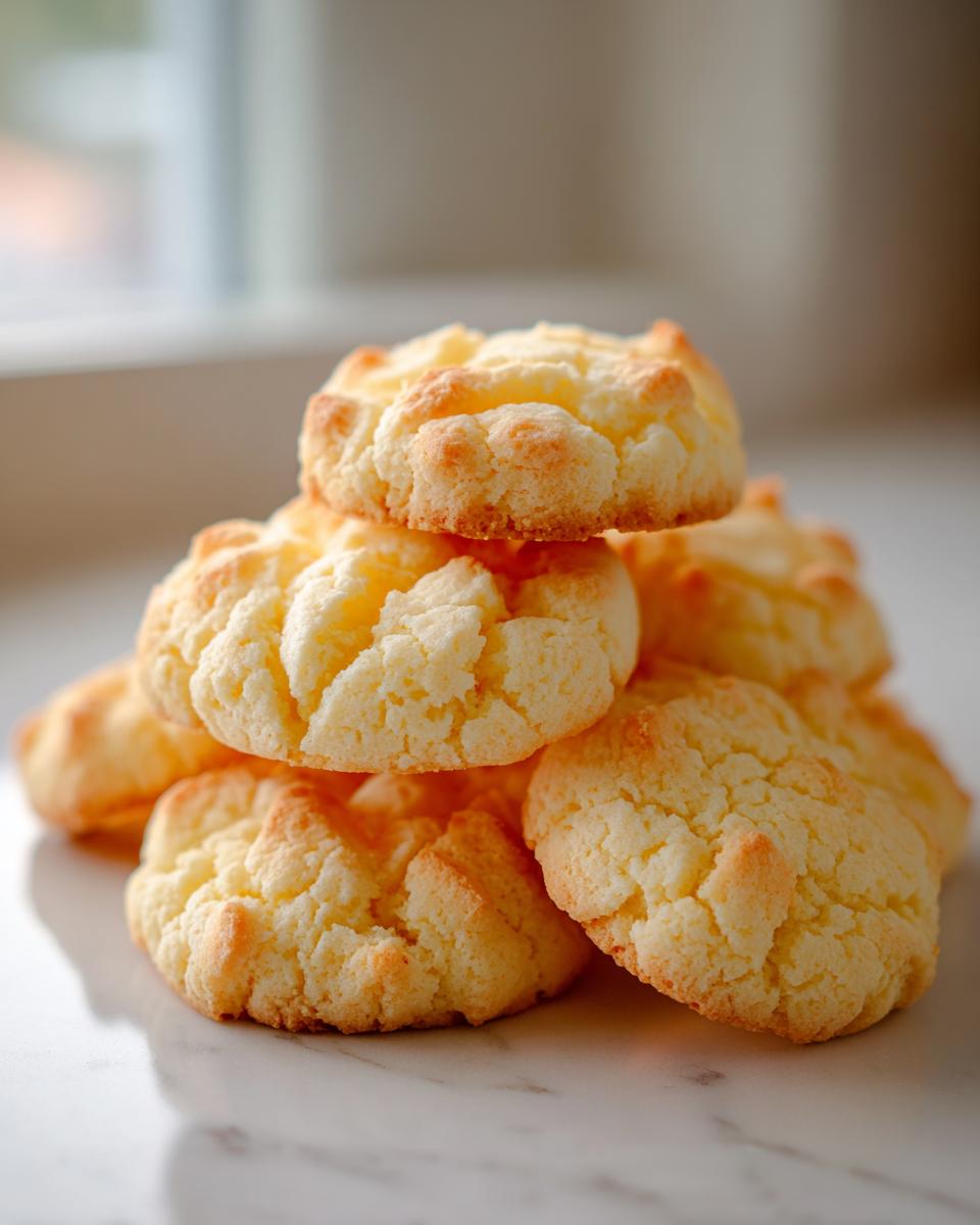 A small stack of golden brown 3-ingredient butter cookies with a slightly cracked surface, sitting on a white marble counter.