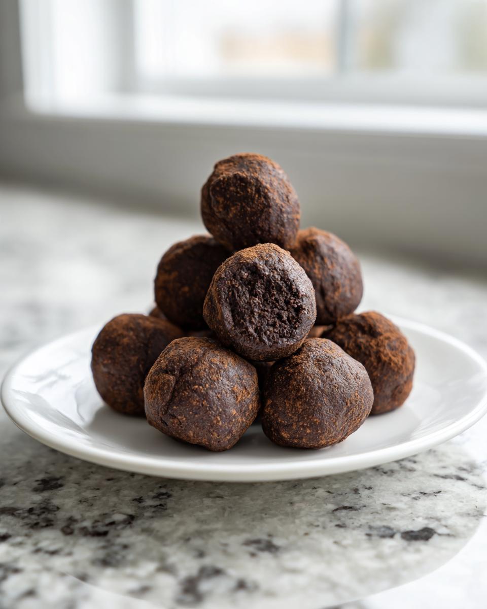 A stack of rich, dark chocolate Oreo balls dusted with cocoa powder, sitting on a small white plate.