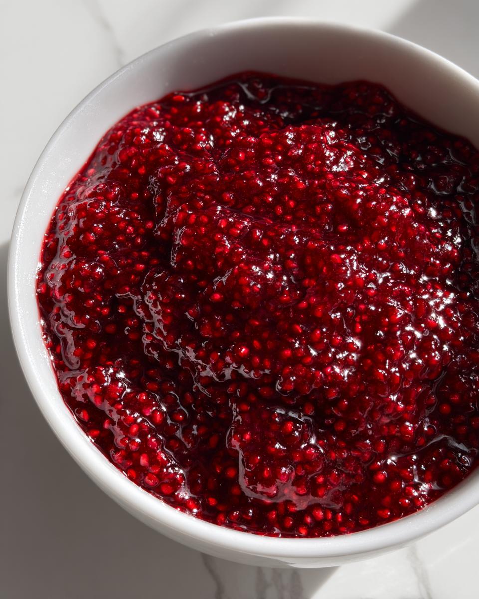 Close-up overhead shot of thick, vibrant red raspberry jam with visible seeds in a white bowl.