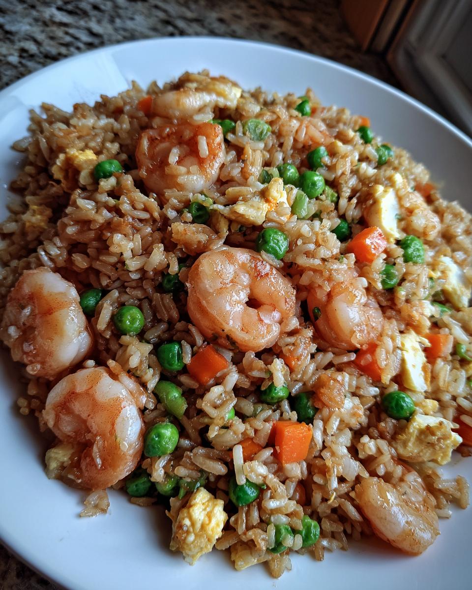 A close-up view of a generous serving of shrimp fried rice, featuring plump shrimp, peas, carrots, and scrambled egg pieces.
