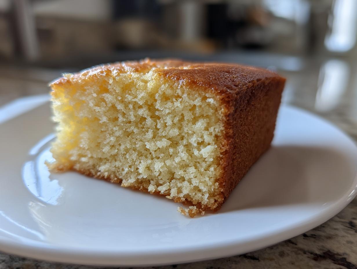 A close-up, golden slice of moist condensed milk cake resting on a white plate.