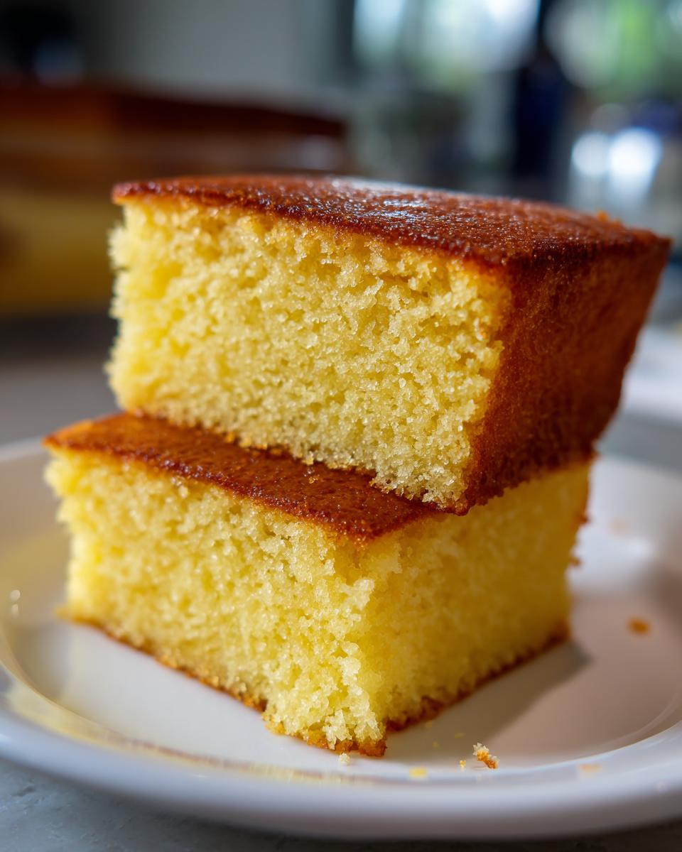 Two stacked, moist slices of golden yellow condensed milk cake with a browned top crust.