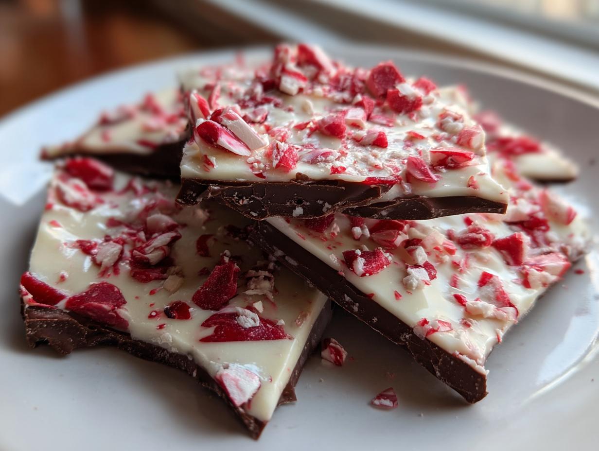 Stacked pieces of dark and white chocolate peppermint bark topped with crushed candy canes.