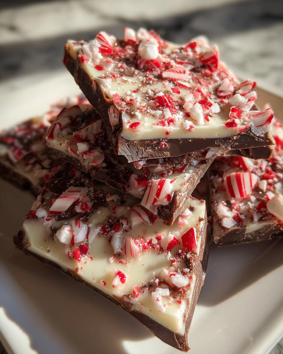 Stack of rich dark and white chocolate peppermint bark pieces topped with crushed candy canes.