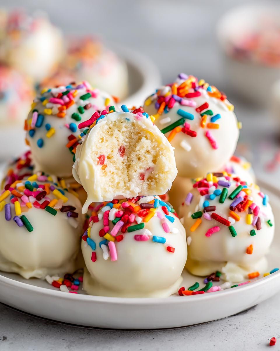 A stack of white chocolate-dipped sugar cookie truffles covered in rainbow sprinkles, one is broken open showing the cake center.