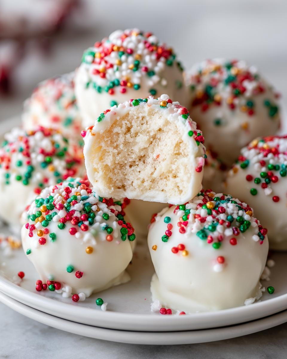 A stack of white chocolate-dipped sugar cookie truffles topped with red, green, and white sprinkles, one bitten open.