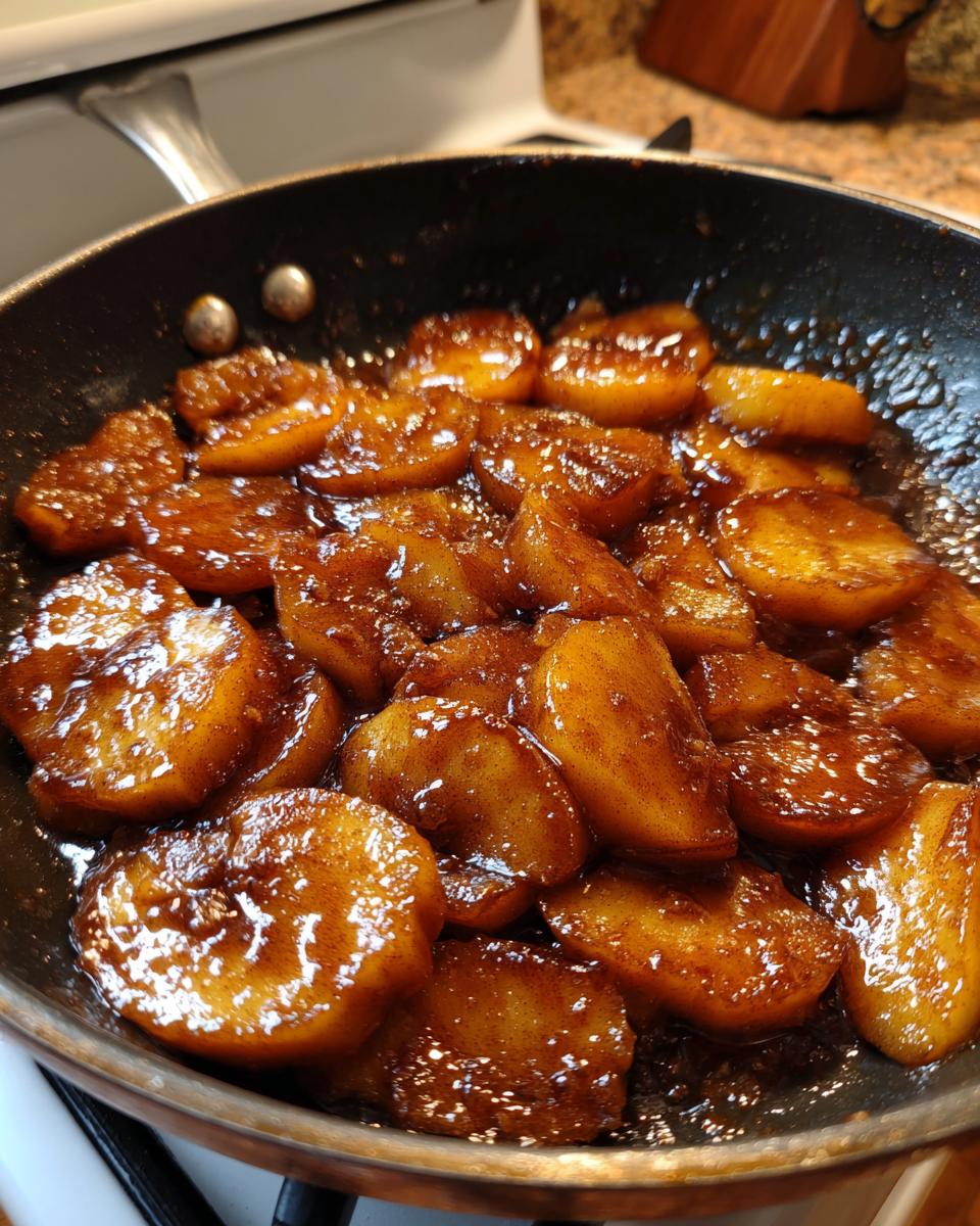 Close-up of thick, caramelized apple pie filling simmering in a dark skillet on a stovetop.