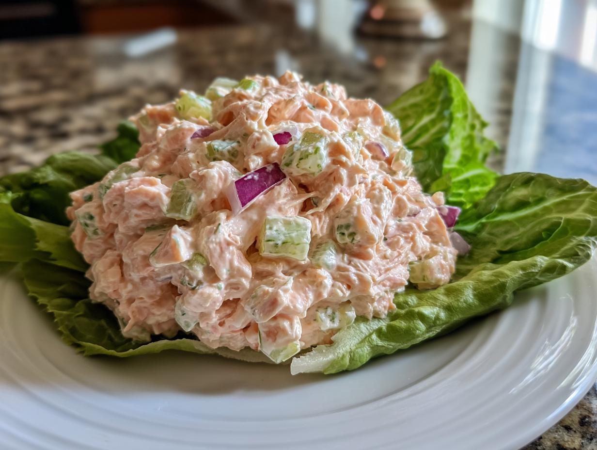 A scoop of creamy salmon salad with celery and red onion served on crisp lettuce leaves.