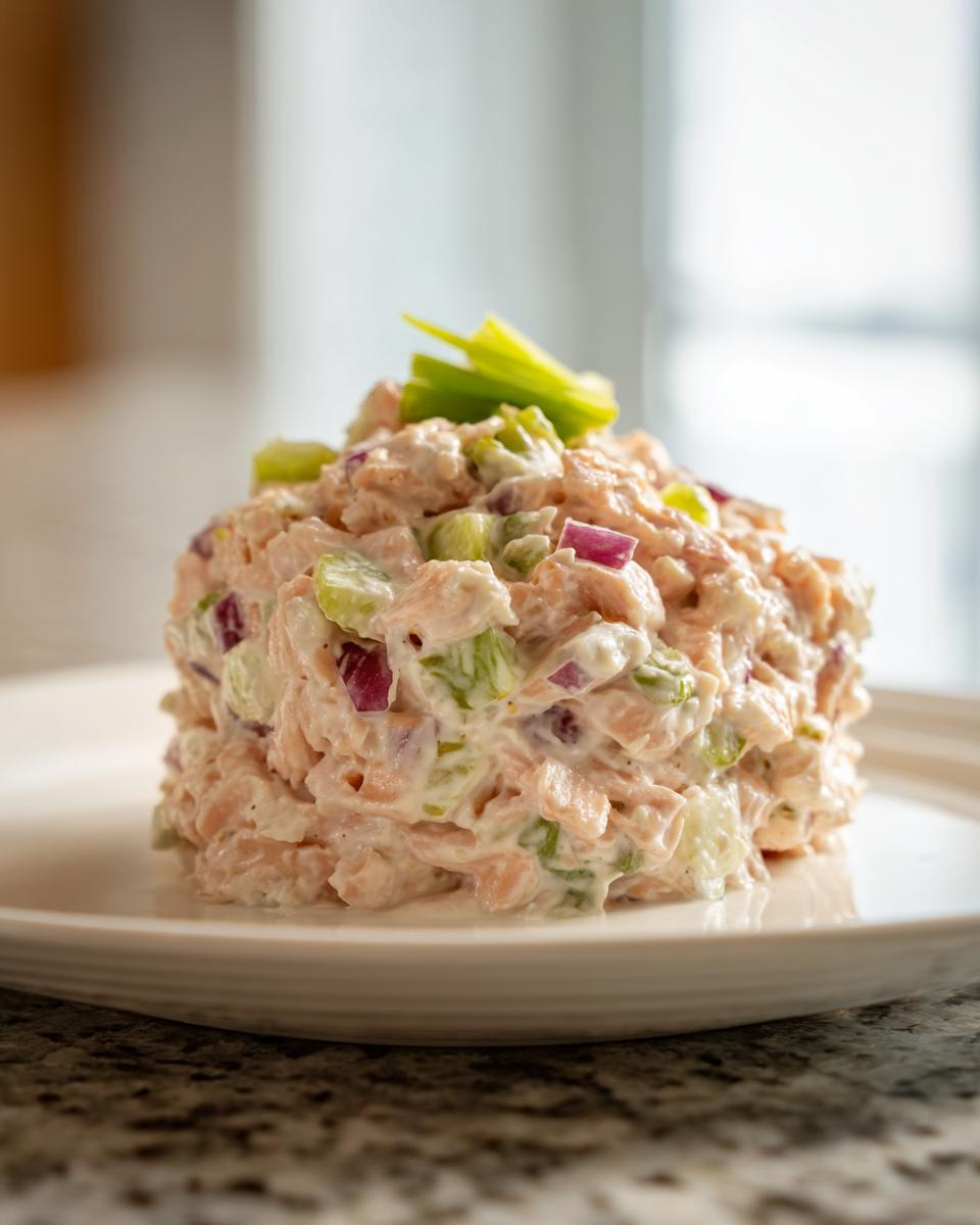 A mound of creamy salmon salad mixed with celery and red onion, garnished with celery sticks.