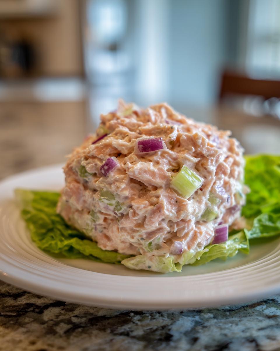 A mound of creamy salmon salad mixed with red onion and celery served on crisp lettuce leaves.