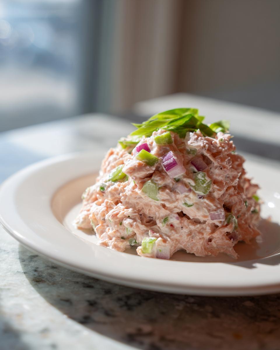 A mound of creamy salmon salad mixed with celery and red onion, garnished with basil, served on a white plate.