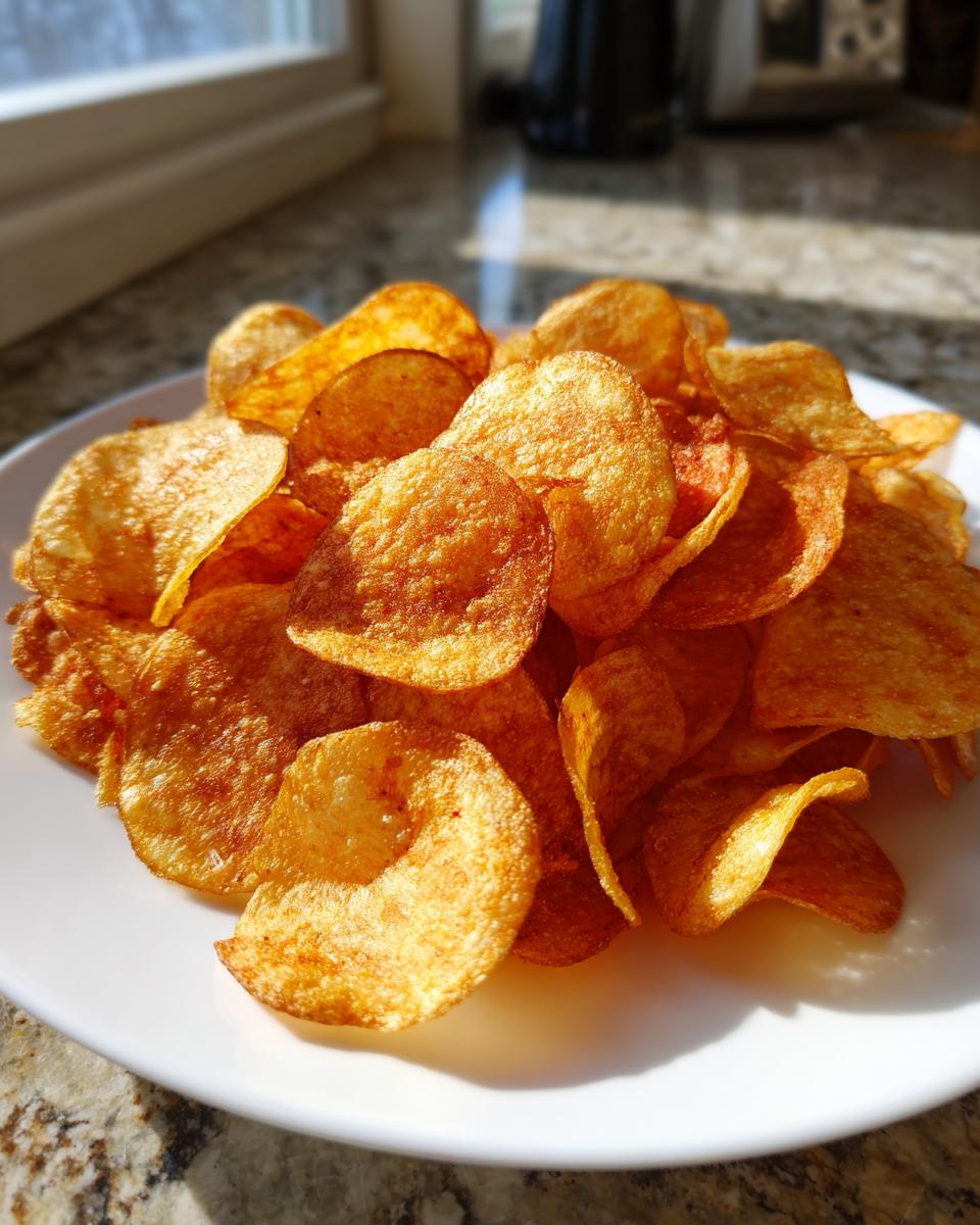 A close-up of a white plate piled high with golden, seasoned air fryer potato chips, catching bright sunlight.