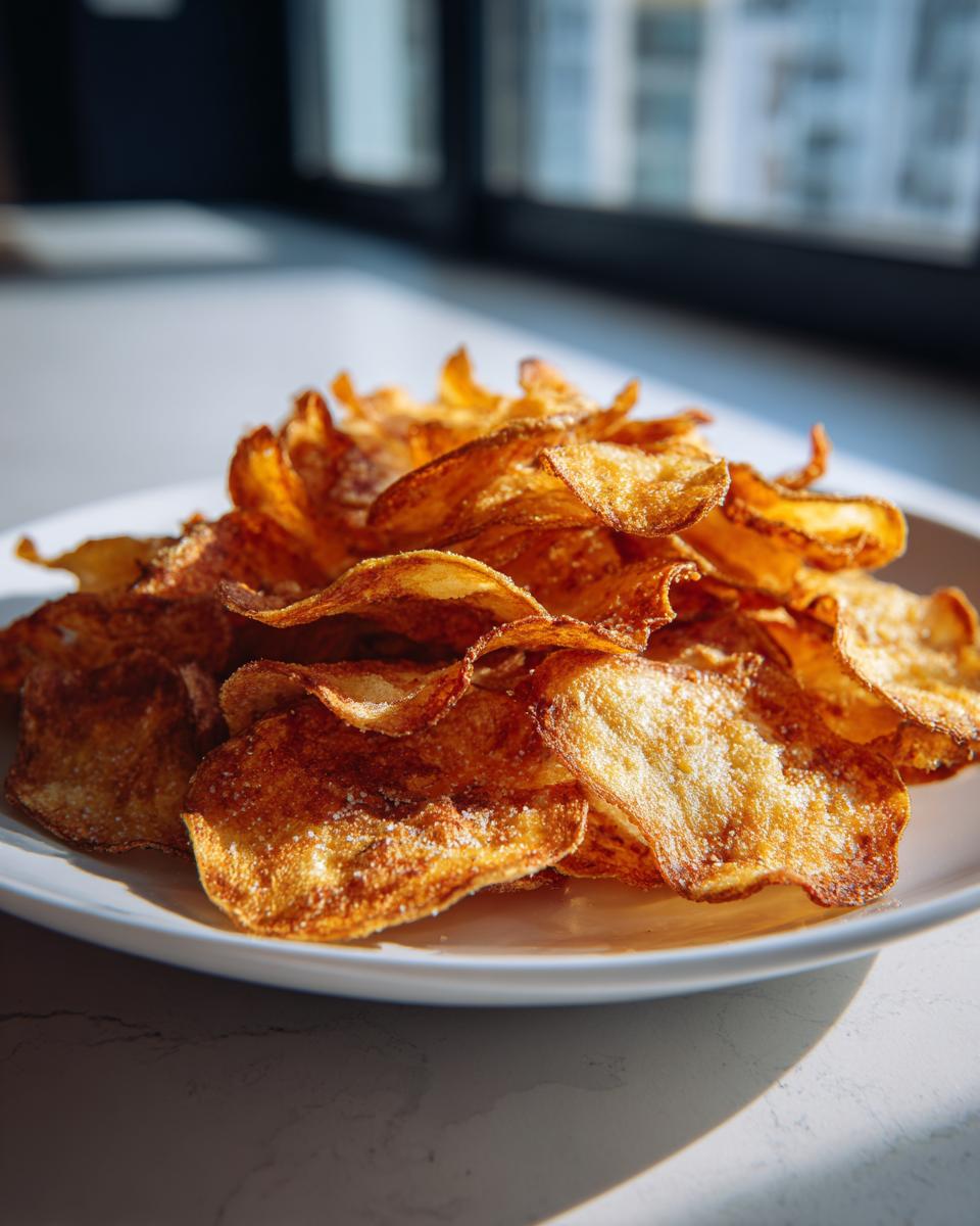 A close-up of a white plate piled high with golden brown, crispy air fryer potato chips sprinkled with salt.