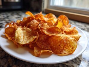 A white plate piled high with golden brown, seasoned air fryer potato chips, ready to eat.