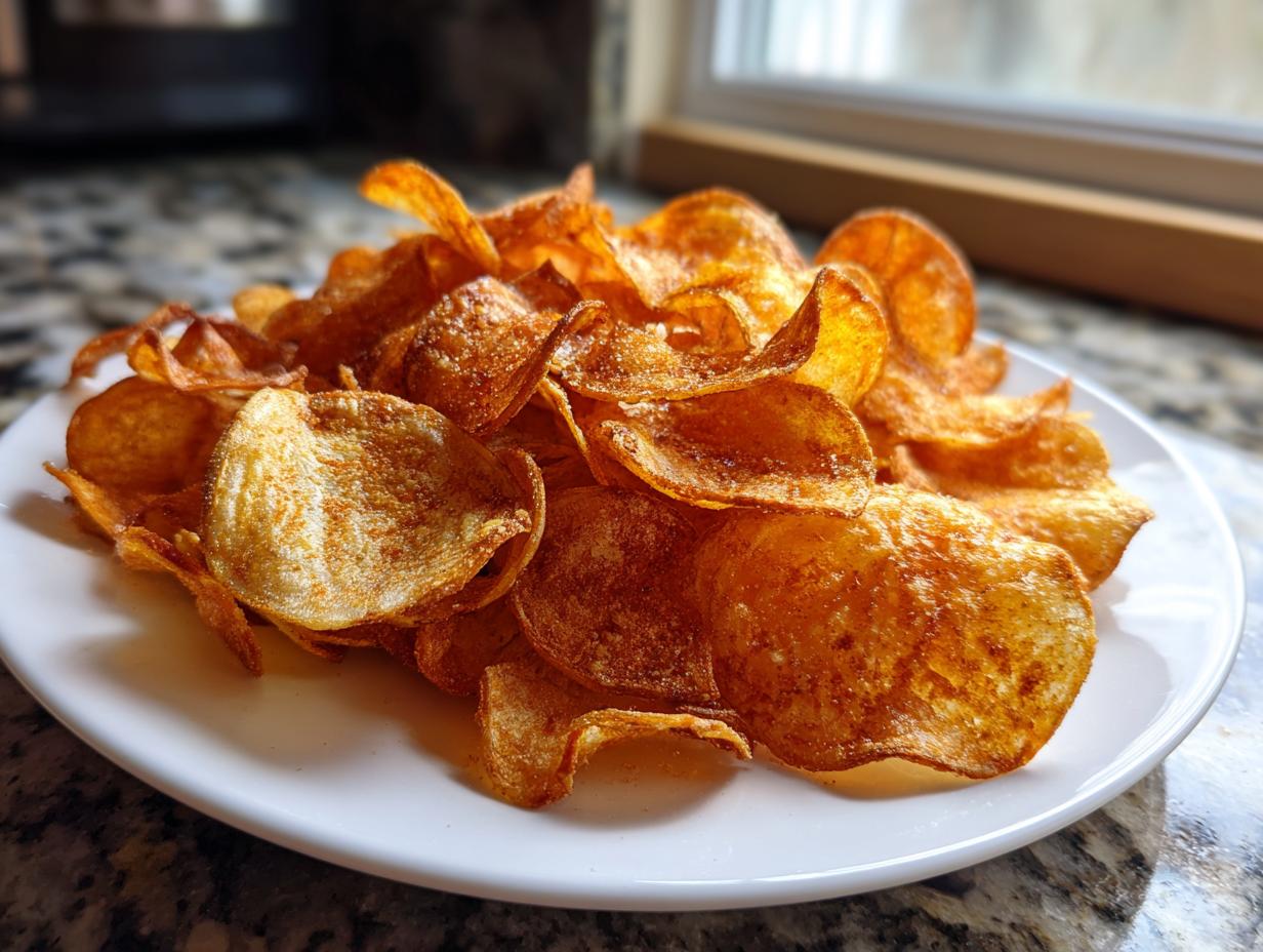 A white plate piled high with golden brown, seasoned air fryer potato chips, ready to eat.