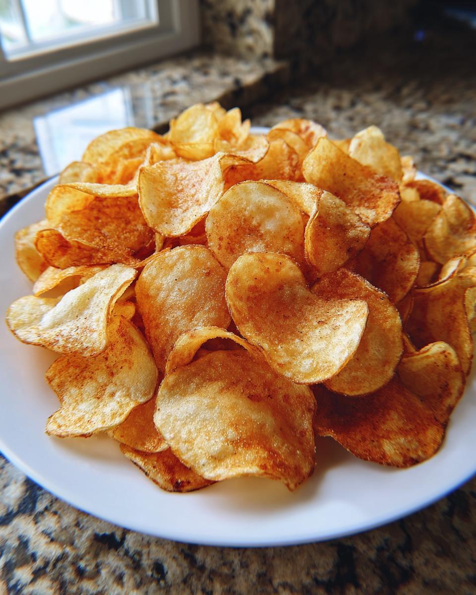 A white plate piled high with golden brown, seasoned air fryer potato chips, ready to eat.