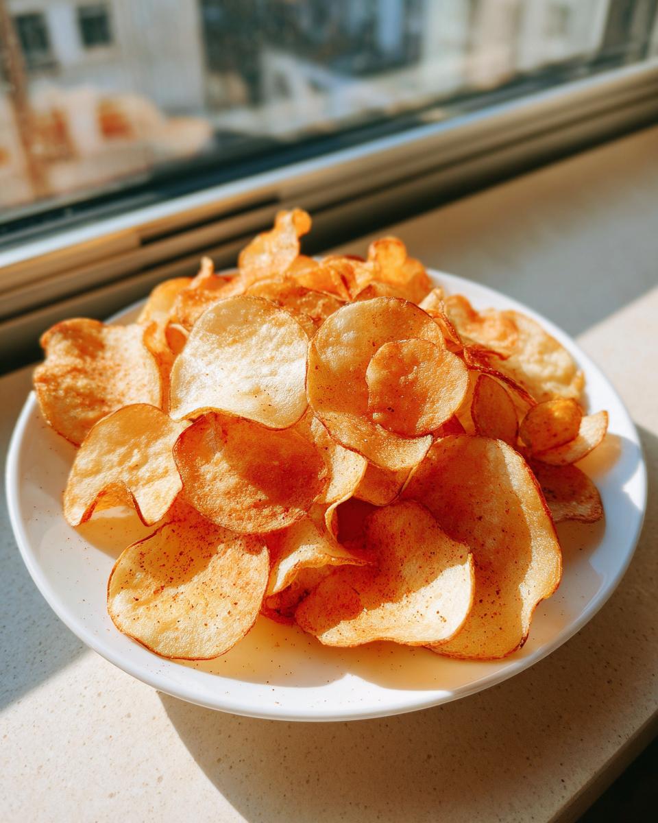 A white plate piled high with golden, seasoned air fryer potato chips sitting on a sunlit countertop.