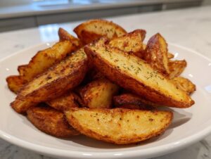 A white bowl filled with golden brown, crispy air fryer potato wedges seasoned with herbs.