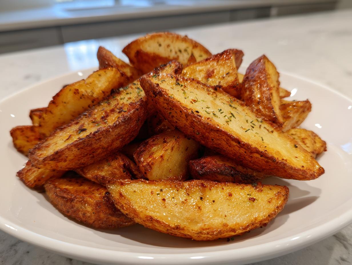 A white bowl filled with golden brown, crispy air fryer potato wedges seasoned with herbs.
