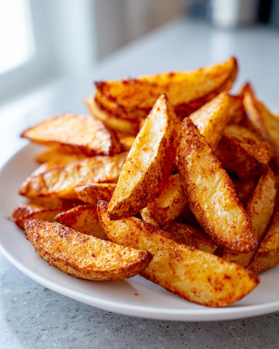 A close-up of perfectly seasoned and crispy air fryer potato wedges piled high on a white plate.