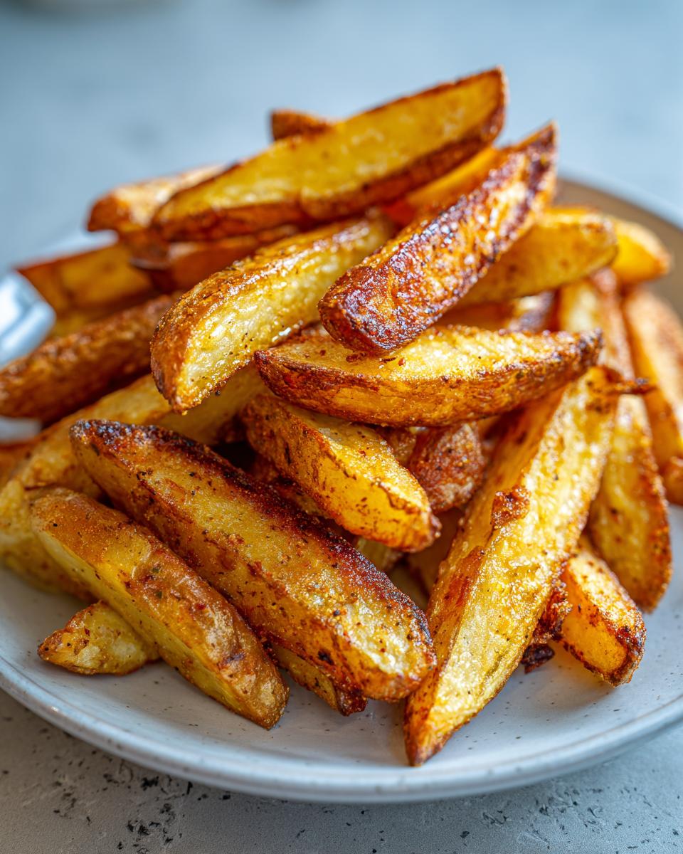 A close-up of a generous serving of golden brown, seasoned air fryer potato wedges piled high on a light gray plate.