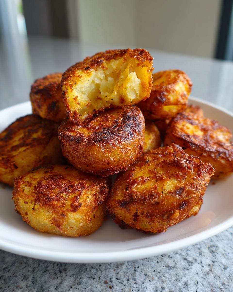 Close-up of golden brown, seasoned air fryer potato wedges piled on a white plate, one is broken open showing the fluffy inside.