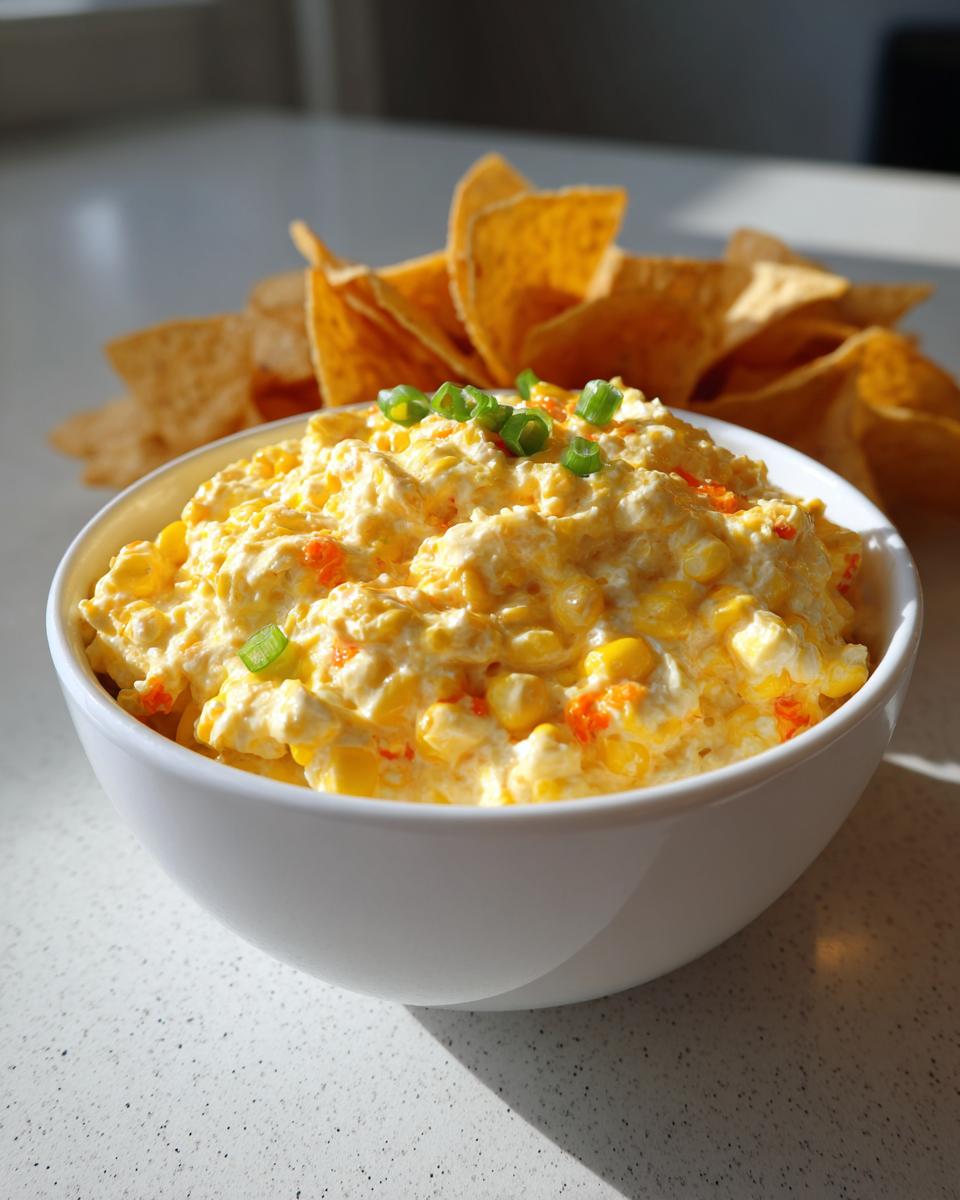 A creamy, yellow corn dip topped with green onions, served in a white bowl with tortilla chips in the background. Perfect for an amazing corn dip.