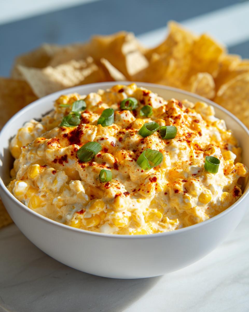 Close-up of a creamy, cheesy corn dip topped with paprika and green onions, served with tortilla chips, highlighting the amazing corn dip.