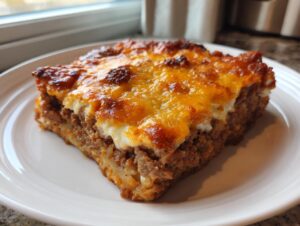 A square slice of baked meatloaf casserole topped with melted, browned cheddar cheese on a white plate.