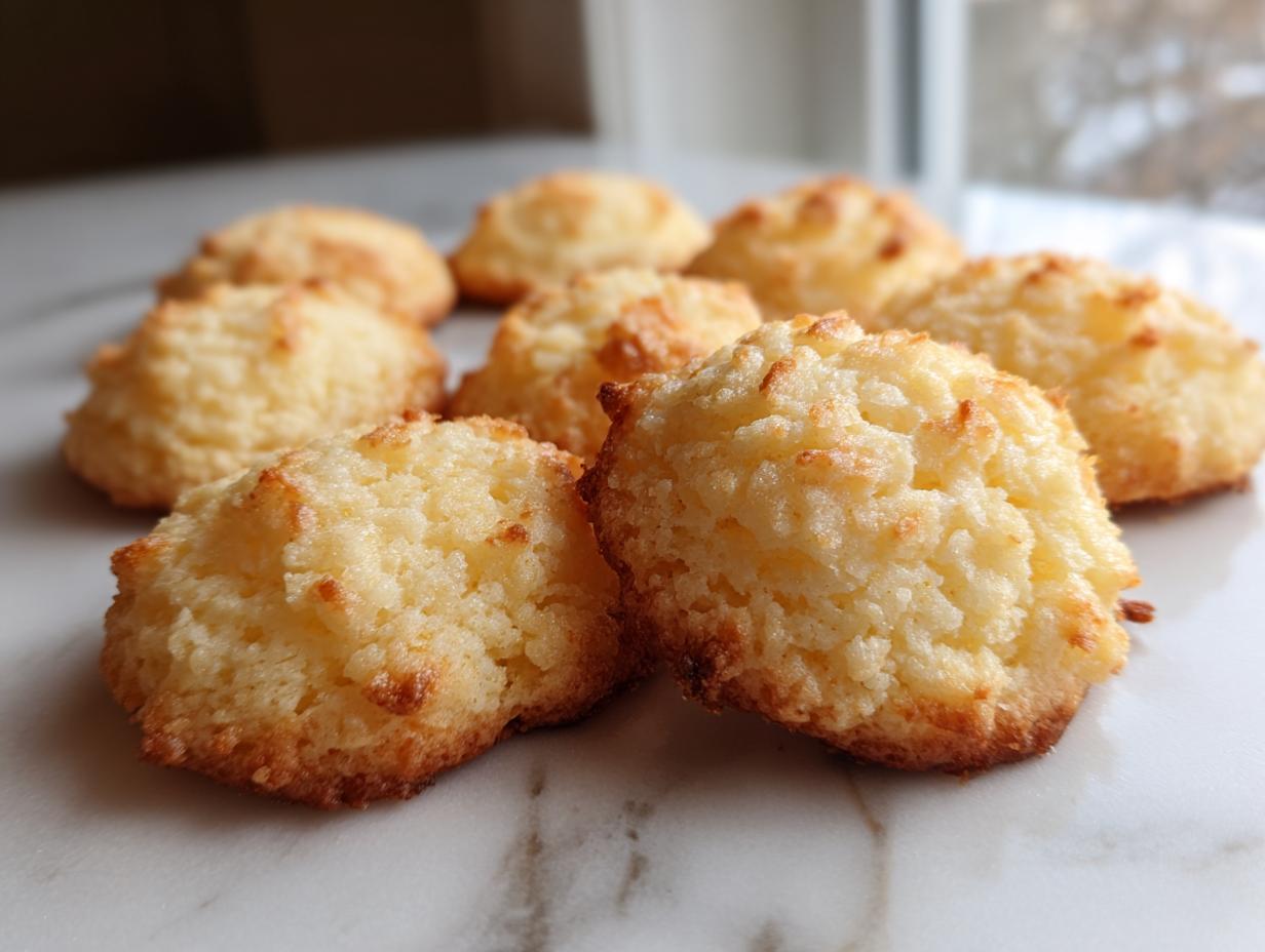 A close-up of several golden brown 3-ingredient butter cookies arranged on a white marble surface.