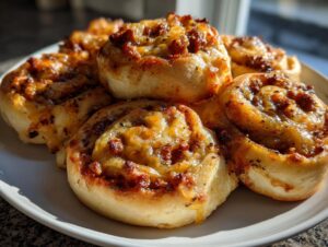 A close-up of several golden brown, freshly baked sausage pinwheels piled on a white plate.