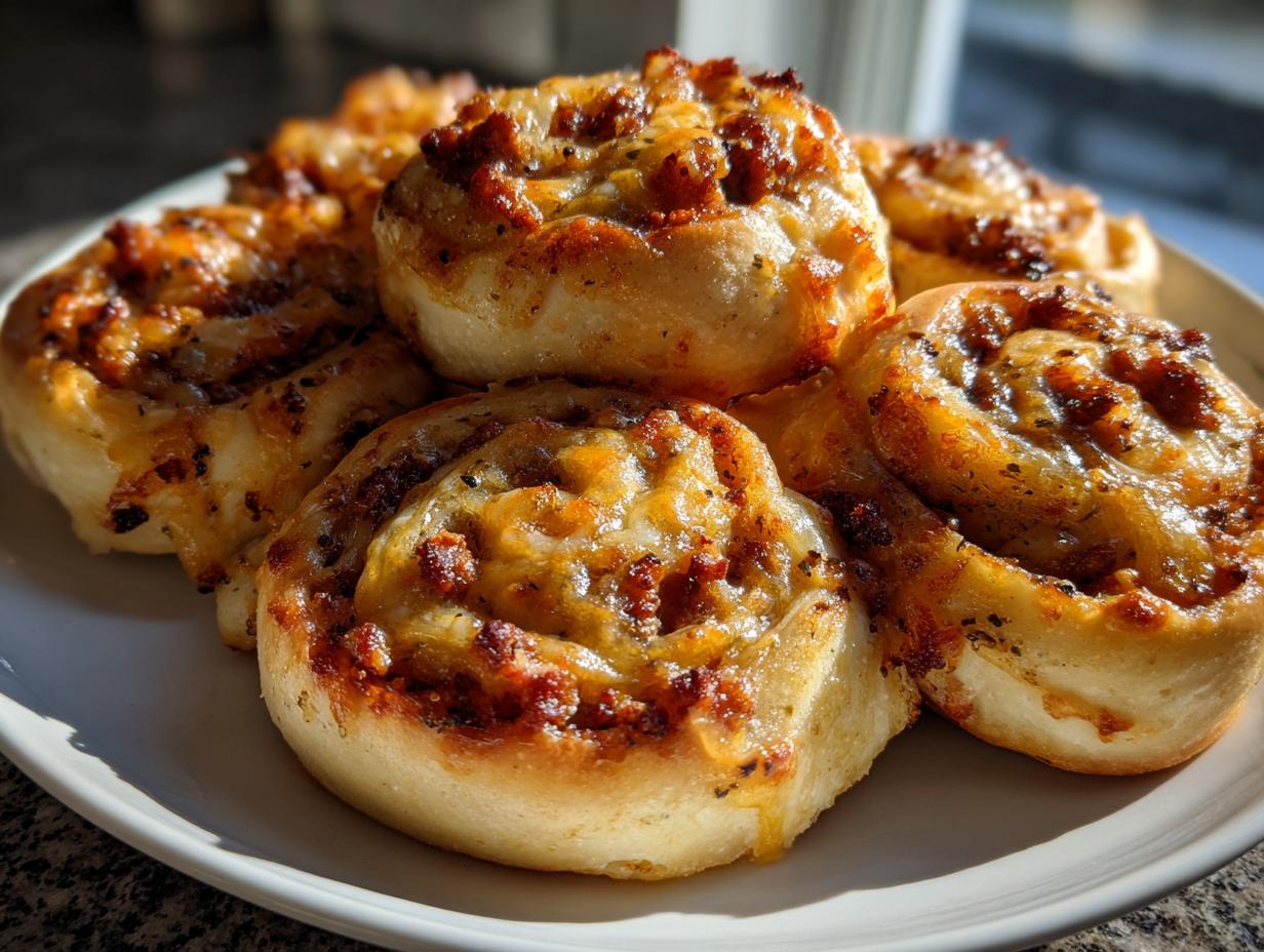 A close-up of several golden brown, freshly baked sausage pinwheels piled on a white plate.
